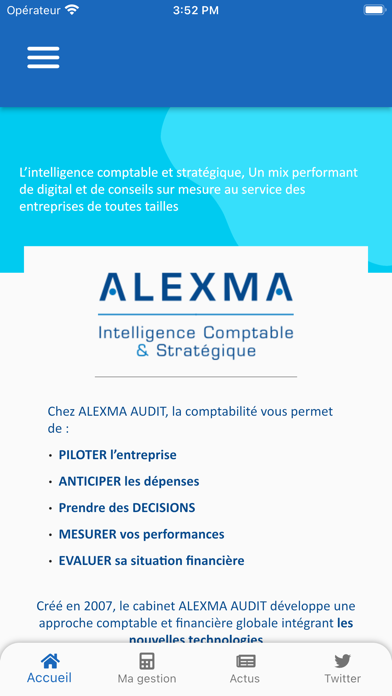 Écran d’accueil de l’application Alexma Audit
