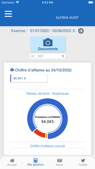 Écran de consultation des indicateurs et de la trésorerie dans l’application Alexma Audit